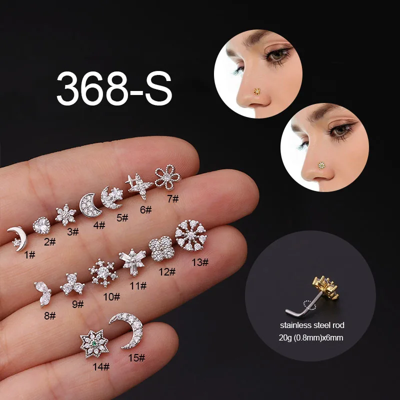

New 1PC Fashion L Shaped Nose Studs Stainless Steel Flower Cubic Zirconia 20G Nostril Bone Screw Indian Nose Ring Piercing