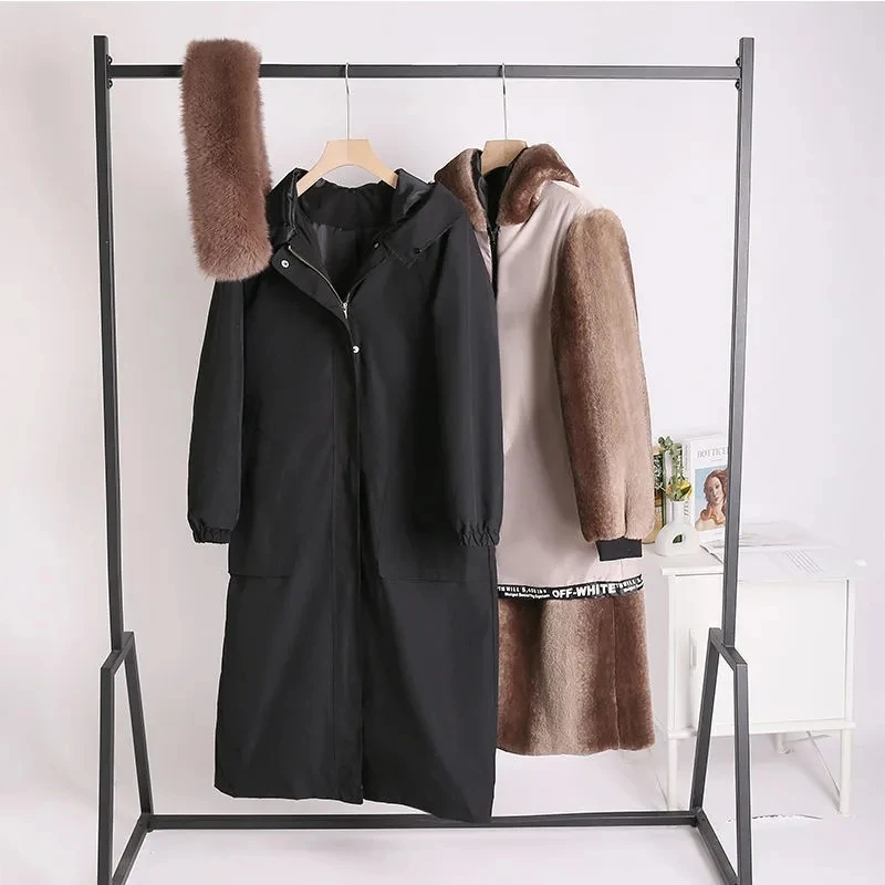 Fur Coat Women's 2021 Winter New Hooded Mid-Long Over-The-Knee Mink Otter Rabbit Fur Liner Detachable Imitation Fur Jacket Femal