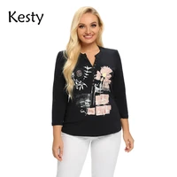 kesty womens plus size spring cotton button long sleeved top with vintage print v neck elastic loose top