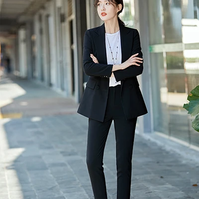 Black Pant Suits Офис работы Блейзер костюмы высокого качества женские туфли из органической кожи Штаны костюм блейзеры Куртки с брюк комплект из двух предметов красный розовый синий - Цвет: Black Pant Suits