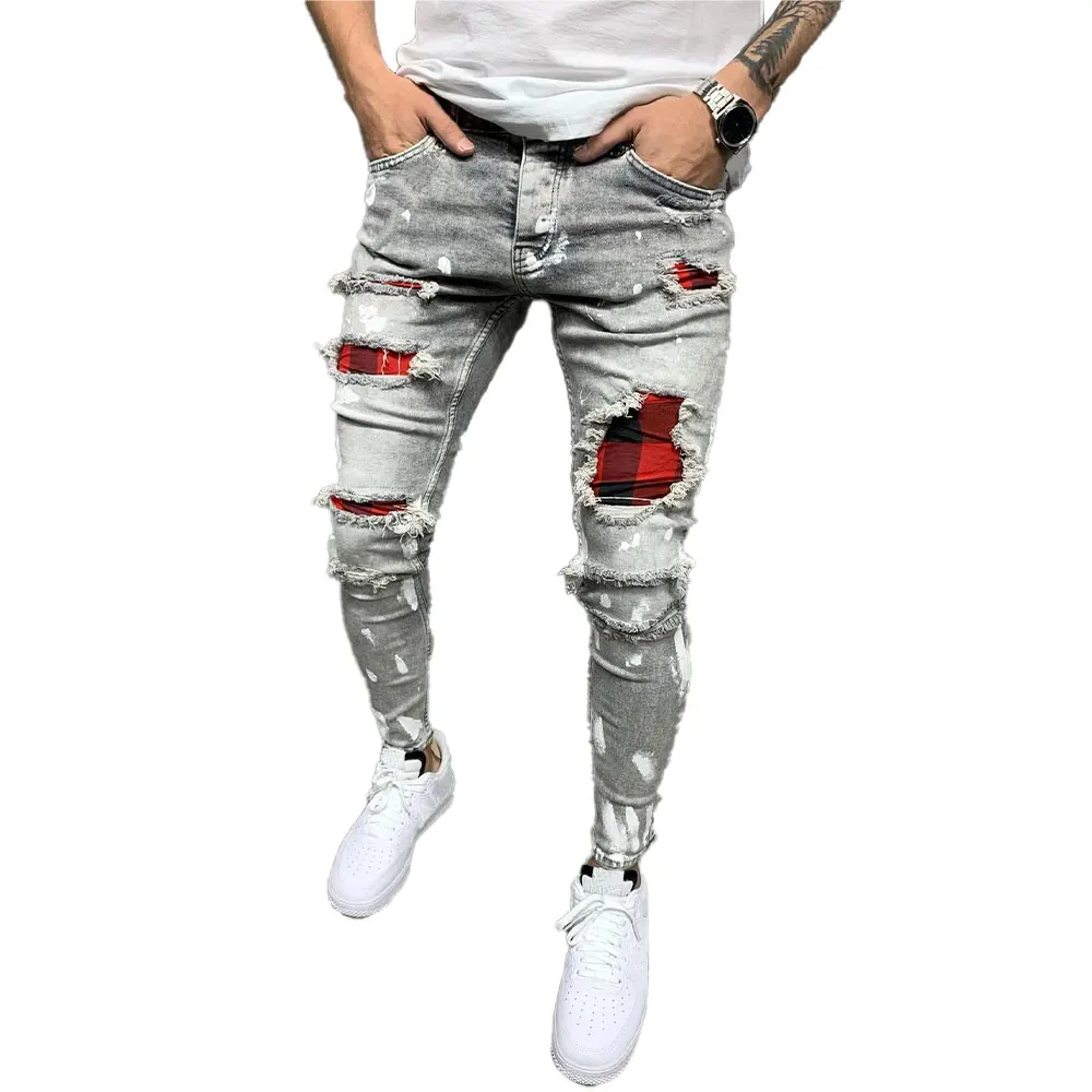 

Men's Denim Pants Ripped Joggers Plaid Patchwork Jeans Bottoms Slim Stretch Trousers Casual Biker Streetwear Hip Hop Joggers
