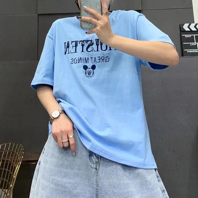 

Disney 2021 Mickey T-shirt Korean version Joker cute loose Hong Kong sequins collage Harajuku T-shirt combi and bodysuits