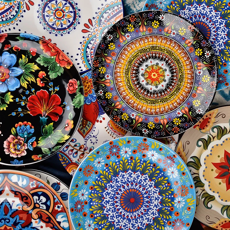 

European Underglaze Color Ceramic Tableware Bohemian Creative Western American Flat Steak Plate