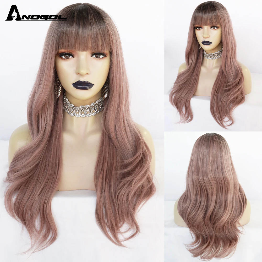 

Anogol Long Women's Wigs with Bangs Water Wave Heat Resistant Synthetic Wigs for Black Women African American Hair