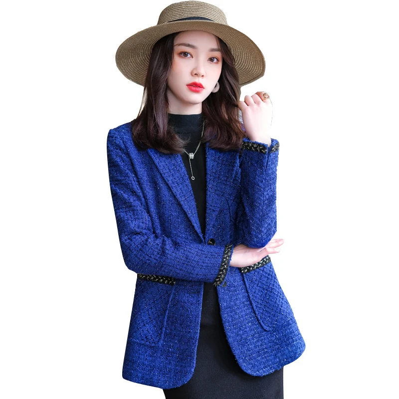 

High Quality Fashion Autumn Winter Ladies Blazer Women Black Blue Single Breasted Jacket Coat With Real Pockets