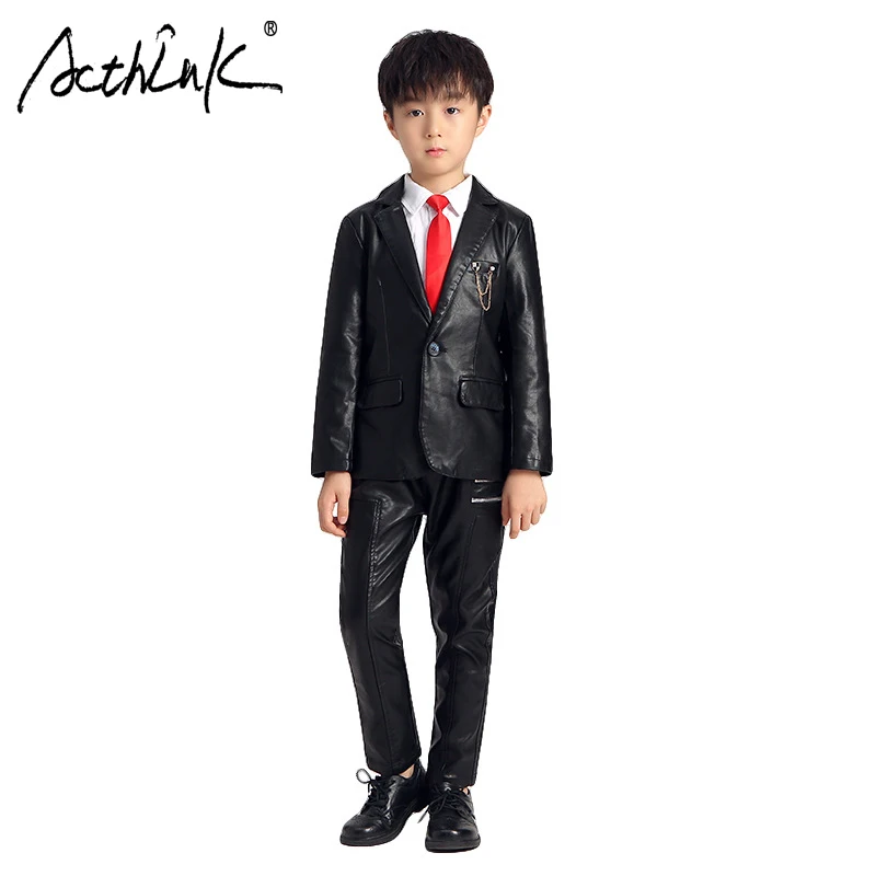 

Костюм-блейзер для мальчиков ActhInK, из искусственной кожи, с рубашкой и кожаными штанами, зимний, 3 шт.