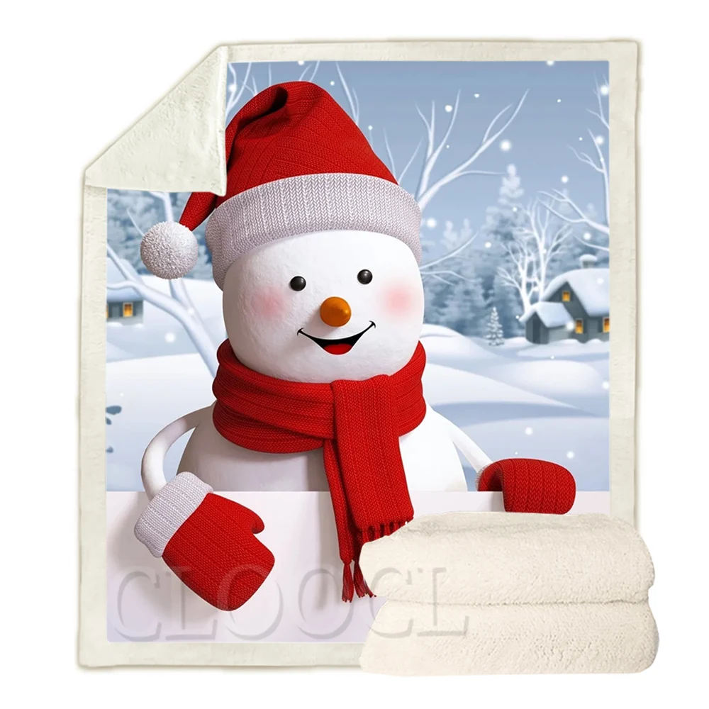 

CLOOCL Christmas Blankets Cartoon Snowman Red Hat Scarf Gloves Blanket Keep Warm Double Layer Plush Quilts Festival Gifts
