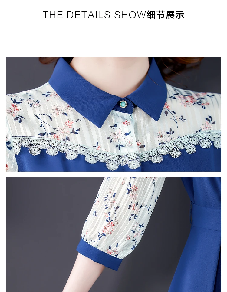 

2021 Spring and Autumn New Fashion Blue Stitching Comfortable POLO Collar Dress Short Sleeve Three-quarter Sleeves Woman Dress