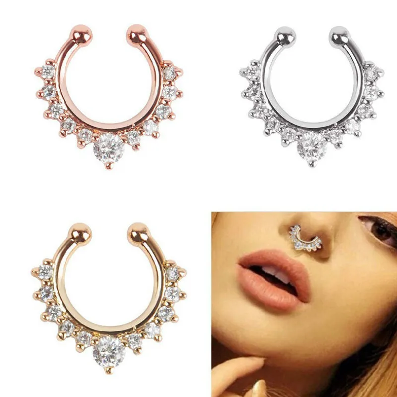 

1Pc Gothic Boys Men Fake Septum Clicker Nose Ring Crystal Hook Non Piercing Hanger Clip Body Jewelry fashion Accessories