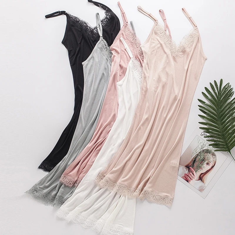 

Richkeda Store New 2021 Women Full Slips 50% Natural SILK Lace Underdress Sleeping Dress Home Sexy Intimates Summer