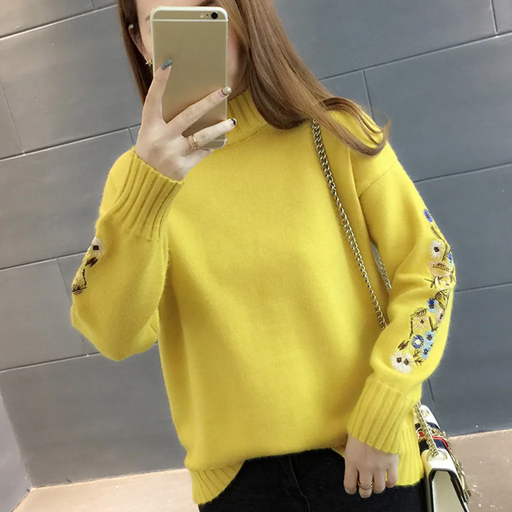 New Loose Thick Warm Winter Pullover Sweater Women Embroidery Jumper Half Turtleneck Long Sleeve Knit Yellow Sweater Female