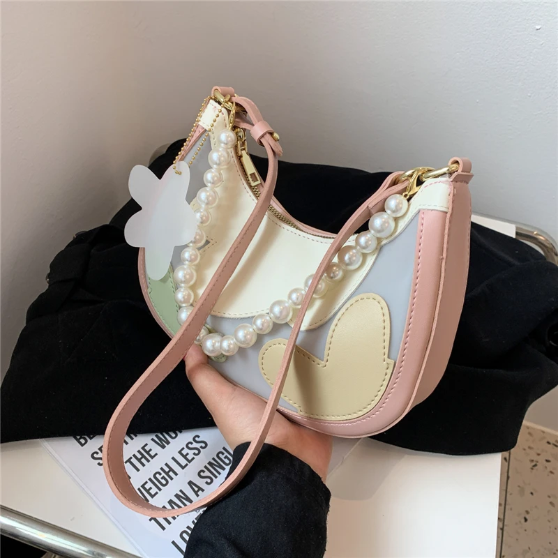 

Burminsa Pearl Half Moon Shoulder Bags For Women Patchwork Brand Designer High Quality Jelly Ladies Crossbody Bags Summer 2021