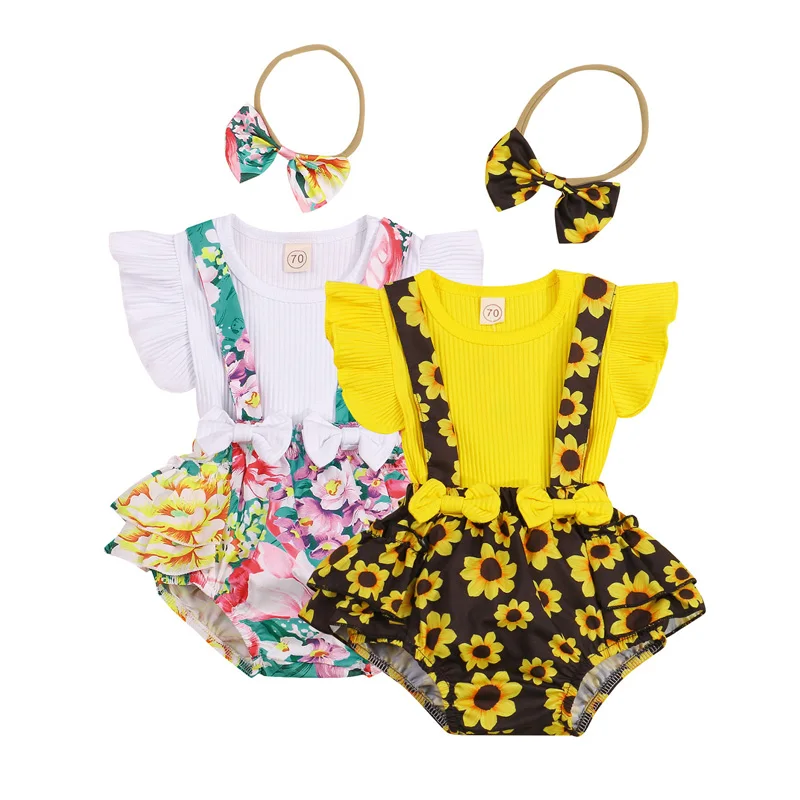 

Pudcoco 3Pcs 0-18M Newborn Baby Girls Summer Outfits Fly Sleeve Pullover T-Shirt+Flower Print Suspender Shorts+Bowknot Headband