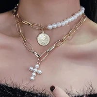 gold color retro fashion 2pcs set necklace thick short necklace cross pendant coin bohemia