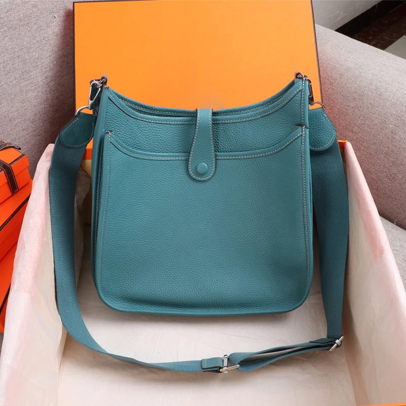 

2021 New Hollow Bucket Bag Head Layer Cowhide High-quality Litchi Pattern Female Bag Shoulder Messenger Mobile Phone Bag