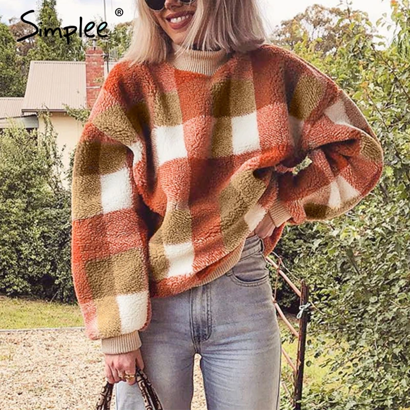 Simplee Casual lambswool plaid women hoodies sweatshirts O neck pullover loose female sweatshirt Autumn winter ladies warm coat