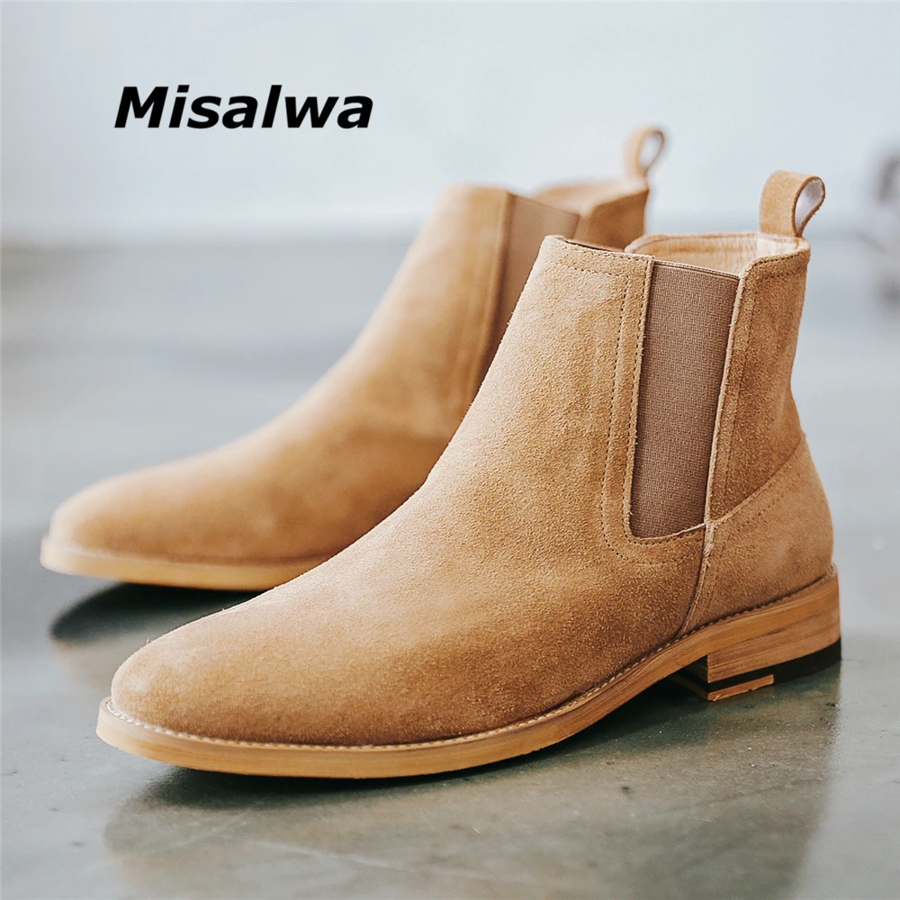 

Misalwa Authentic Pure Leather Cow Suede Pointy Men Chelsea Boots Luxuries British Spring Vintage Ankle Brown Sand Boots Men