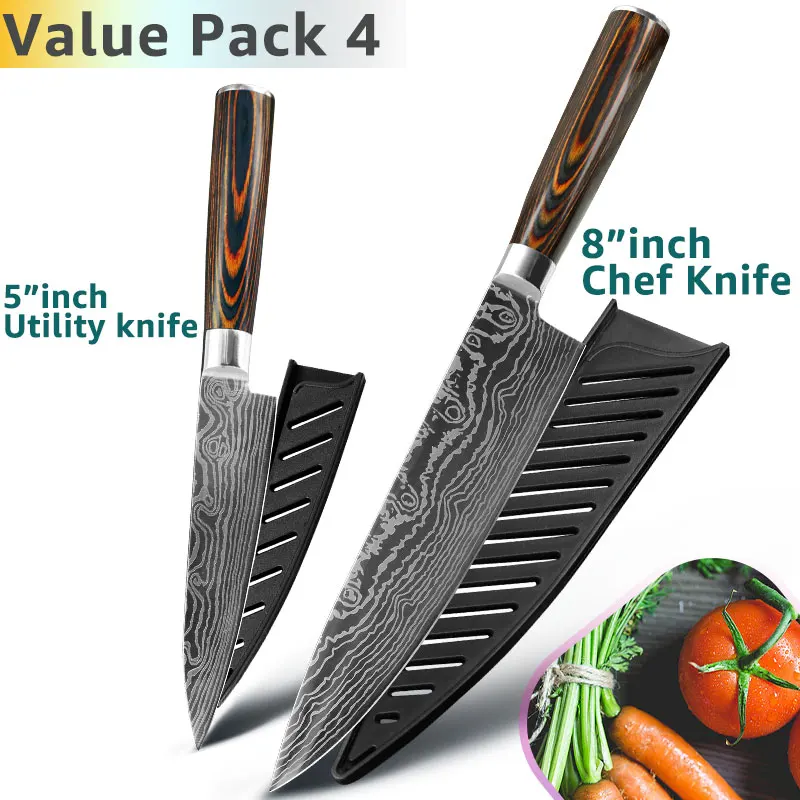 Value Pack 4 Кухонный нож 8 дюймов, японские ножи шеф-повара 7CR17 440C из высокоуглеродистой нержавеющей стали, дамасский чертежный универсальный набор сантоку, Кливер - Цвет: Value Pack 4