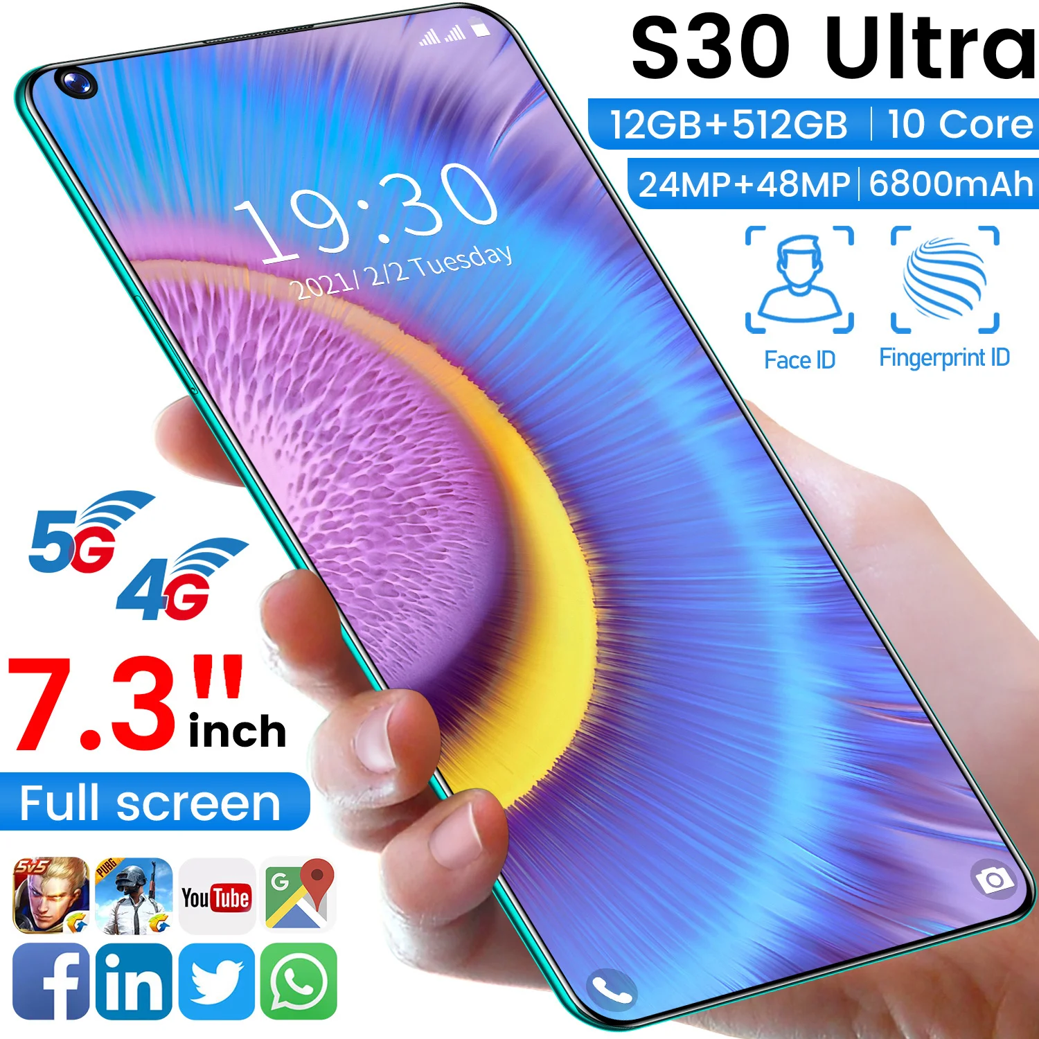 

Смартфон глобальная версия S30 + Ultra 5G, 7,3 дюйма, 12 Гб + 512 ГБ, 6800 мАч, 24 Мп + 48 МП, разблокированный смартфон, мобильный телефон