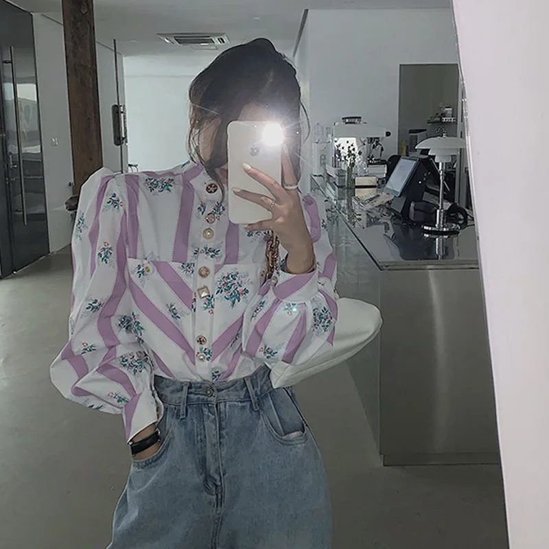 

Court Puff Sleeve Top Autumn Blouse Women Long Sleeve Pink Striped Stand Collar Floral Print Ladies Blouse Korea