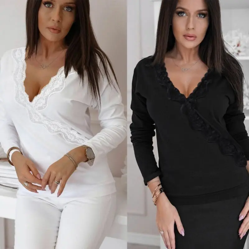 

Women 2019 New Fashion Early autumn Loose Casual Tee Shirt Long Sleeve Lace Shirt Tops Blouse Female Clothes