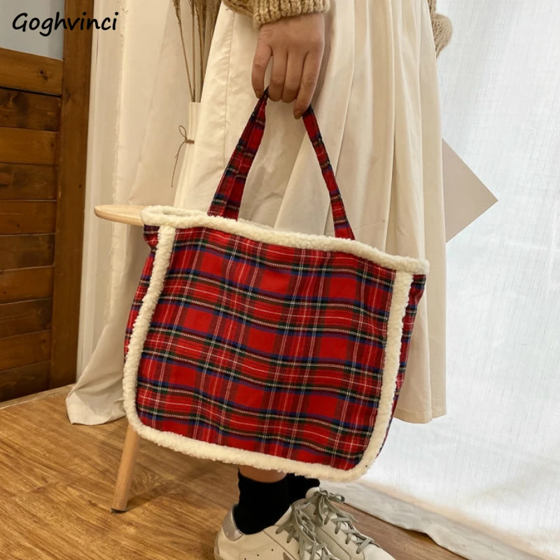 

Сумки для покупок для студентов в британском стиле, шикарная модная клетчатая вместительная сумка-тоут из овечьей шерсти, винтажная универ...