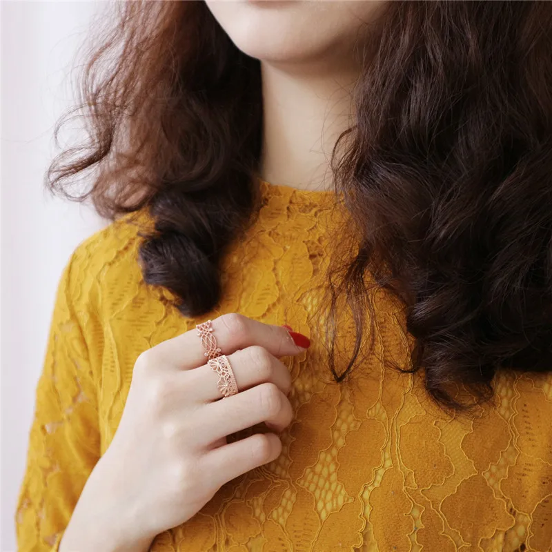POFUNUO Real 925 Sterling Silver Korean Style Women Hollow Lace Flower Design Rings Girl Stylish Rose Gold Exquisite Zircon Ring | Украшения