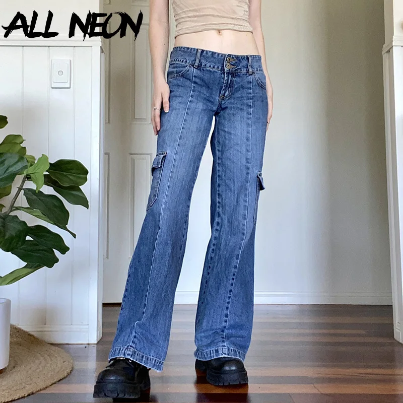 

ALLNeon Indie Aesthetics Retro Low Rise Jeans With Big Pocket 90s Streetwear Wide-Leg Full Length Patchwork Blue Denim Pants New