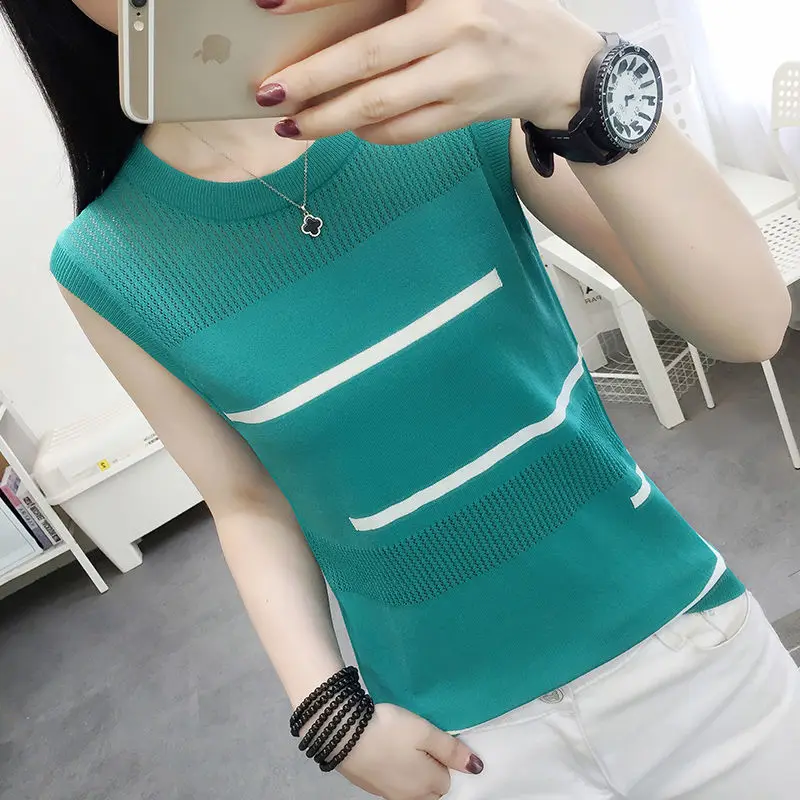 

Hollow T-shirt Women 2023 Summer New O-neck Pullover Print Knitwear Casual Sweater Sleeveless Tees Thin Top Y326