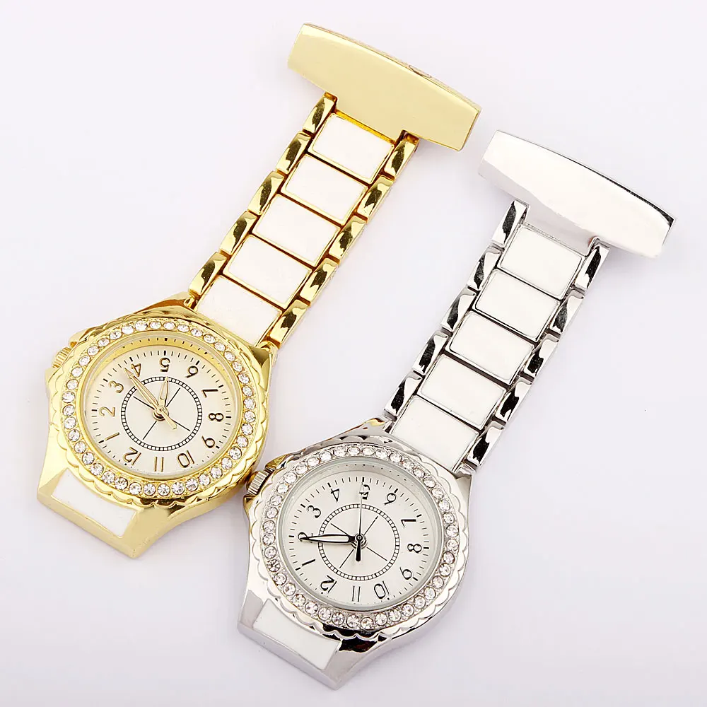 Fashion Crystal Rose Gold Nurse Clip-on Pocket Watch Analog Brooch Elegant Steel Women Men Round Dial Quartz Nurses Watches | Наручные