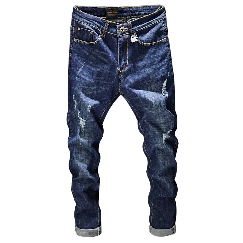 2020 Men New Fashion Distressed Holes Jeans Casual Cotton Slim Blue Long Pants Denim Motorcycle Biker Autumn | Мужская одежда