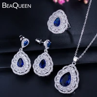 beaqueen 3 piece micro paved full cz crystal women big earrings jewelry sets with dark blue water drop cubic zirconia js016