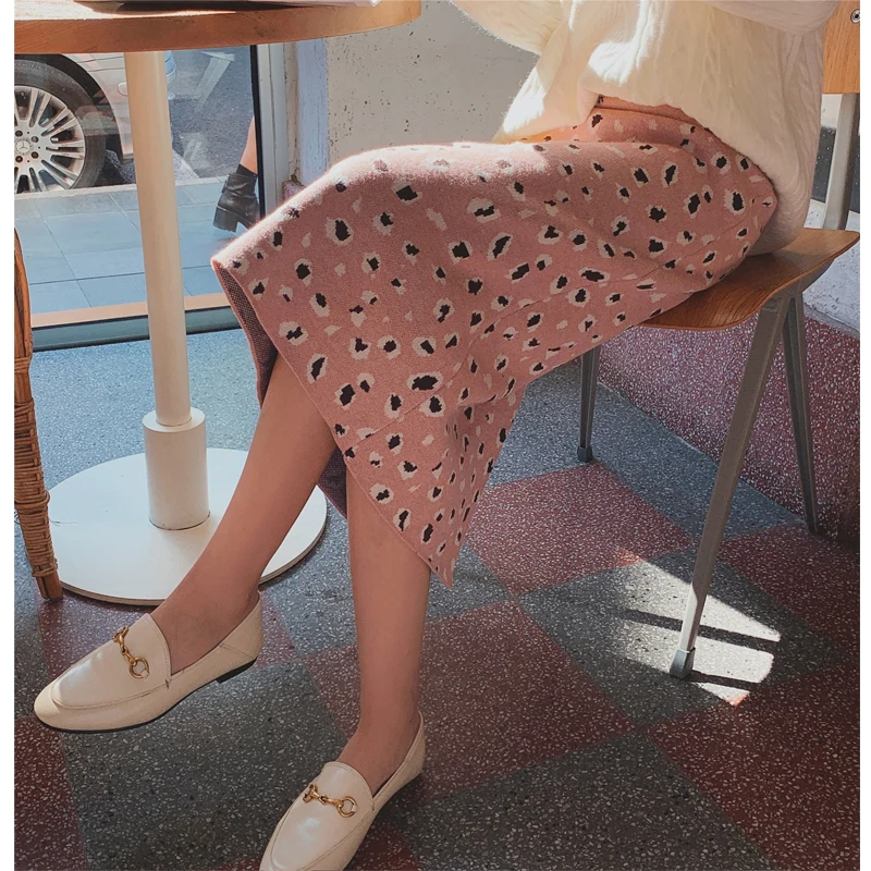 TingYiLi хаки серый розовый Леопардовый свитер юбка-карандаш Осень Зима трикотажная