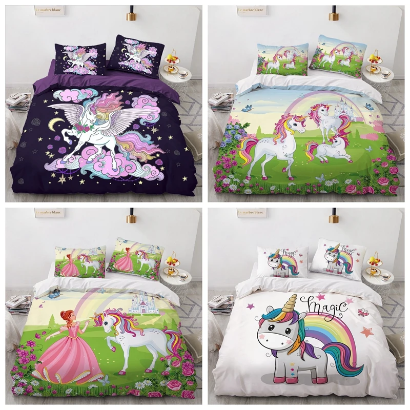 

Unicorn Bedding Set Black Comfortable Single Double Twin Full Queen King Cartoon Home Bedroom Children kids Duvet Cover Set 3 Pc