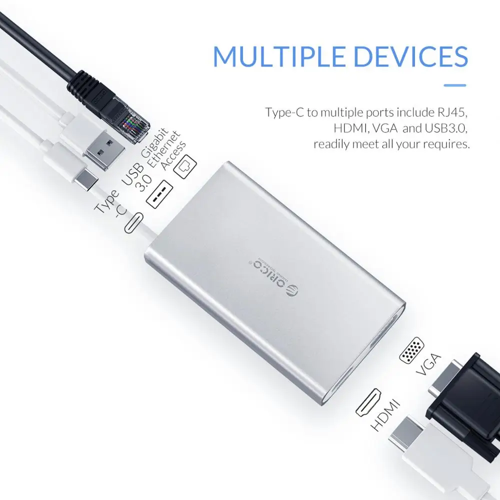 Док станция для ноутбука ORICO 6 в 1 type C из алюминиевого сплава 4K видео HD RJ45 сетевой