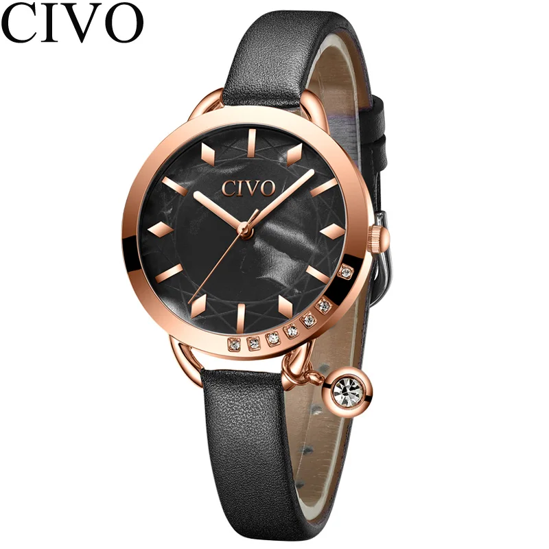 leather black Relogio feminino CIVO модный синий кожаный ремешок женские наручные часы Роскошные Кристальные водонепроницаемые повседневные часы женские подарочные часы - Цвет: leather black