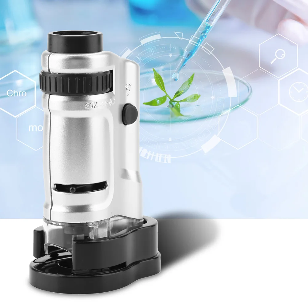 Мини карманный микроскоп с подсветкой зум 20X 40X со светодиодной и