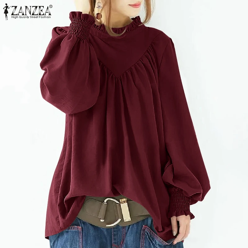 ZANZEA 2022 Women Fashion Casual Office Shirt Solid Chemise Femme Clothing Plain Ruffles Work Blusa Autumn Puff Sleeve Blouse