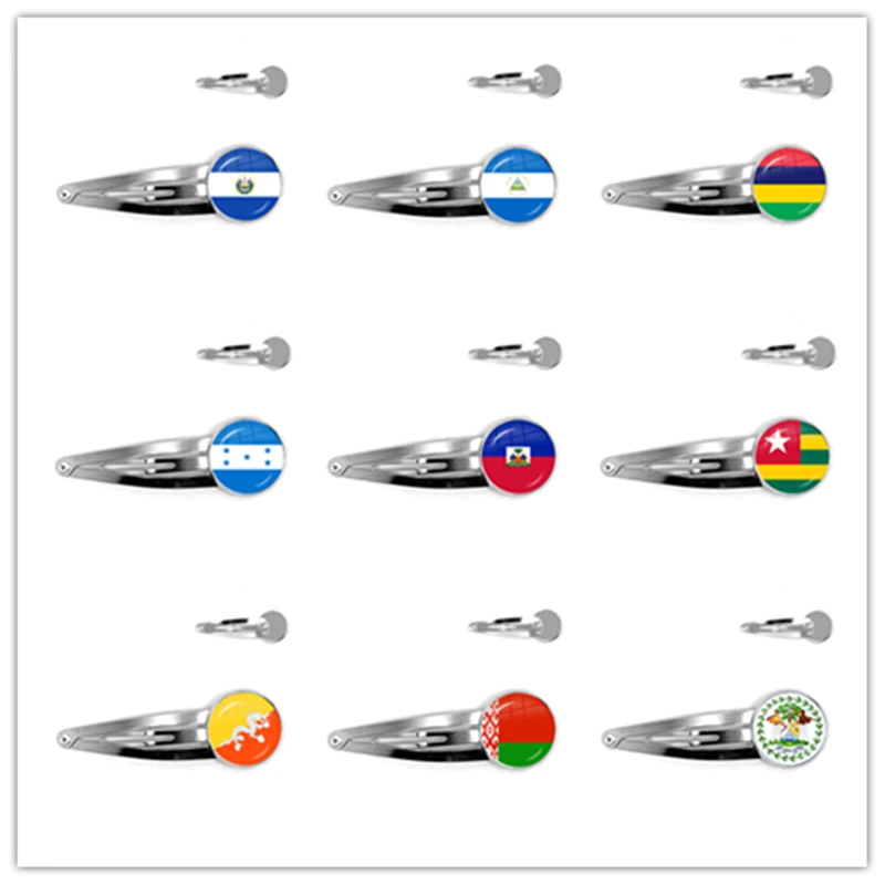 

Sardova,Nicaragua,Mauritius,Honduras,Haiti,Togo,Bhutan,Belarus,Belize National Flag Glass Cabochon Hairpins For Women Girls Gift