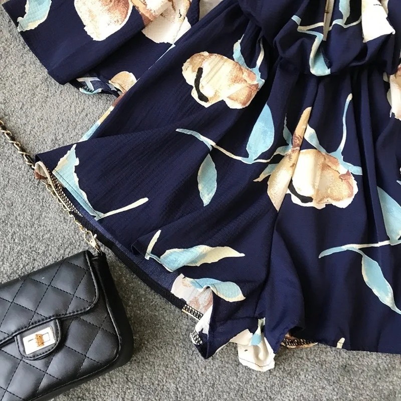 2021 Summer New Slash Neck Women Jumpsuits And Rompers Floral Printed Short Chiffon Ruffles Lady Playsuits Top Quality |