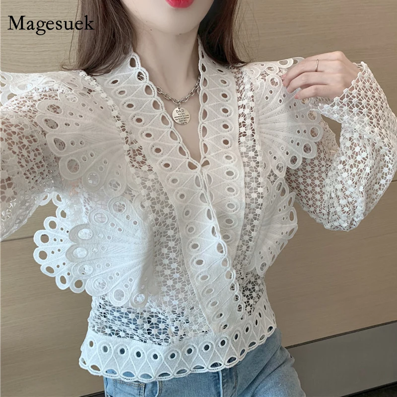 

New Spring Lace Blouse Women Chic Crochet Hollow Butterfly Long Sleeve White Shirt Puff Sleeve Casual V-neck Tops Blusas 12960