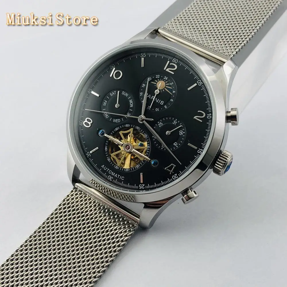 Мужские автоматические механические часы Parnis серебристый чехол 43 мм с черным