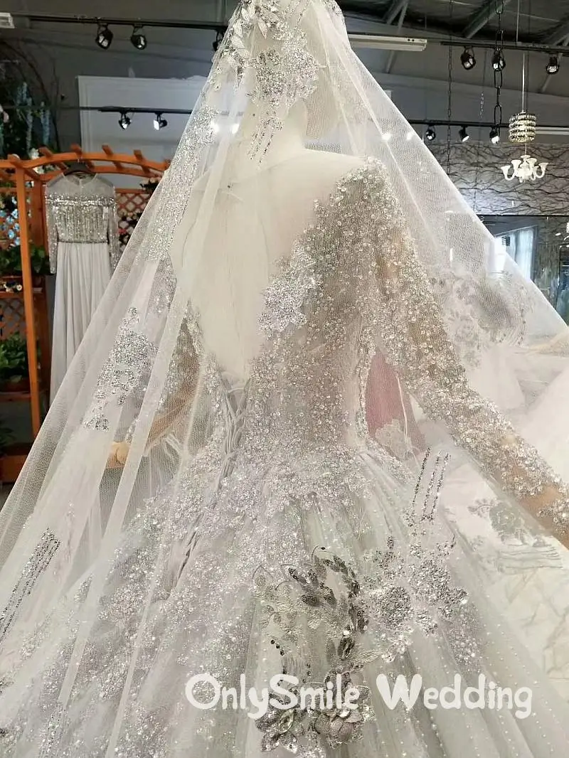 С длинным рукавом мусульманское свадебное платье серый сексуальный совок бальное платье Роскошная свадебная одежда вышитое бисером платье принцессы, невесты с бесплатной вуалью