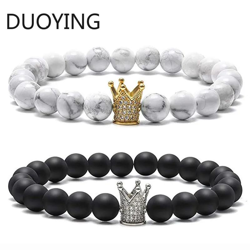 8 мм черные матовые белые Парные браслеты Howlite CZ Корона Король Королева