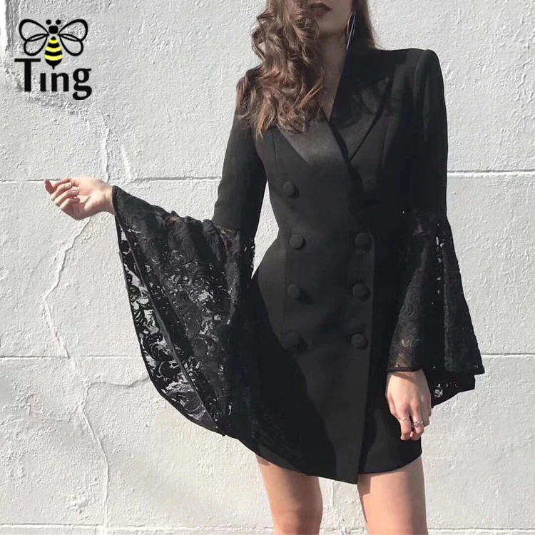 Tingfly Новый Подиум дизайнер двубортный Блейзер Мини платье винтажное элегантное