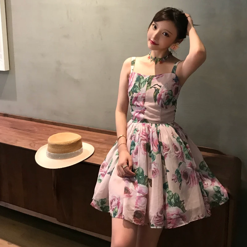 

Printed suspender dress female Xia high waist was thin backless pink sleeveless Print Sleeveless Knee-Length Office Lady