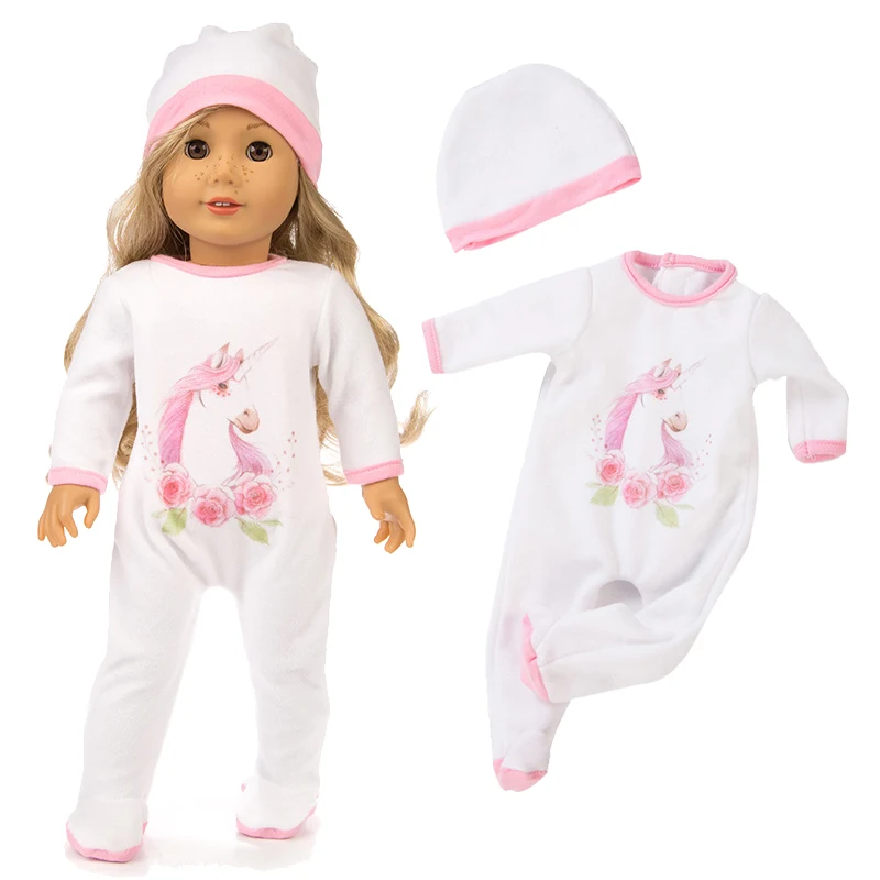 

2021 New White Unicorn Plush Five Stars Jumpsuits Shoes Suits Fit 18Inch American & 43cm Baby New Born Doll Clothes Accessories