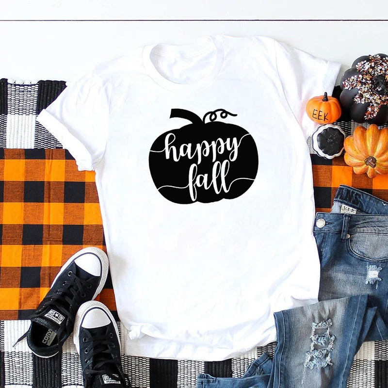 Happy Fall Pumpkin Print T-shirt Women O-Neck Graphic Funny Tees Tops Stylish Tumblr Autumn Harvest Thanksgiving T Shirt | Женская