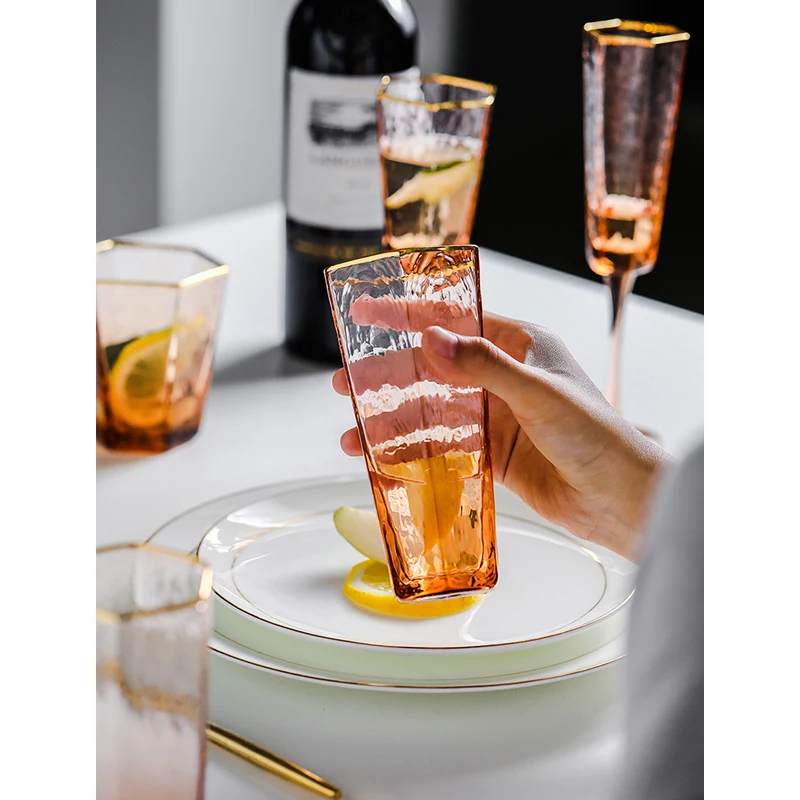 

Nordic Hexagonal Hammer Stripe Gold-Rimmed Crystal Wine Glass Champagne Cup Goblets Whiskey Party Drinkware