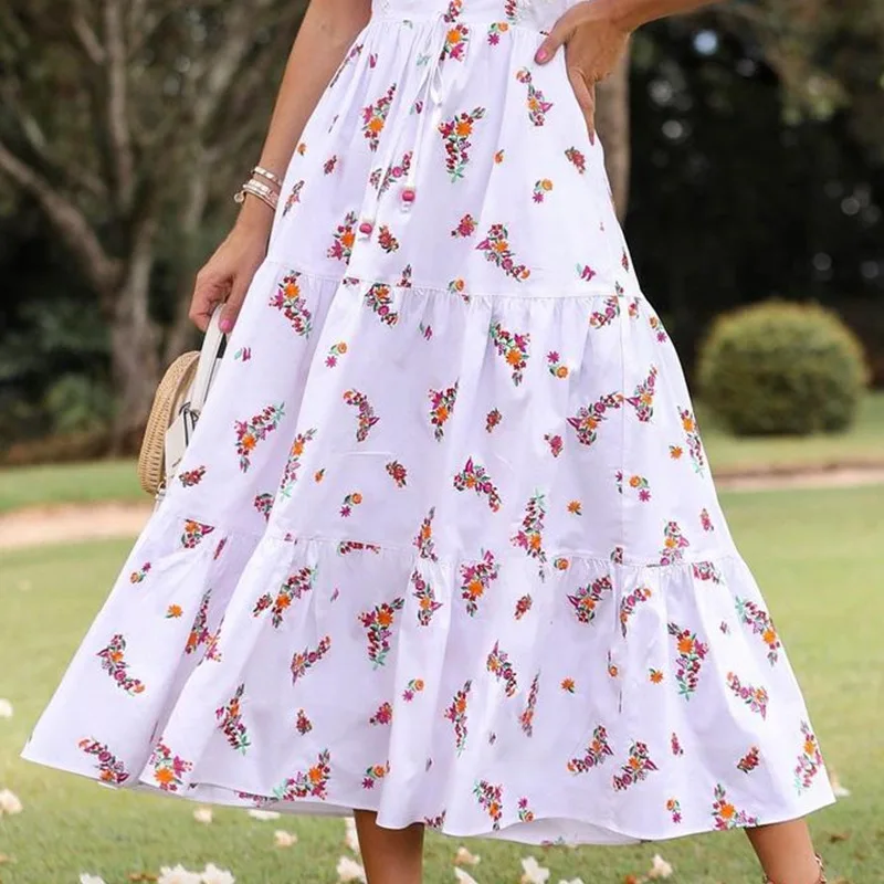 

Women Elegant Hem Printed Mid Length Dress Summer Fashion Petal Sleeve Beach Party Dress